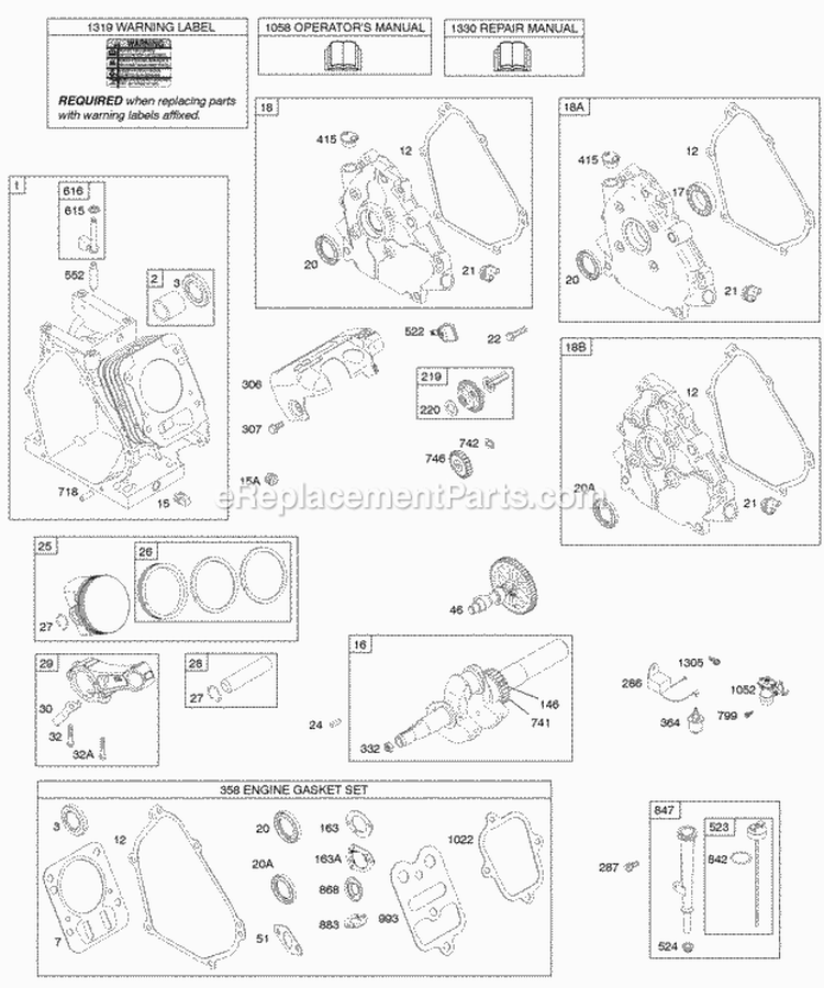 Camshaft Crankcase Cover Crankshaft Cylinder Lubrication Piston Group Diagram and Parts List for 120302-0432-E8  Briggs and Stratton Engine
